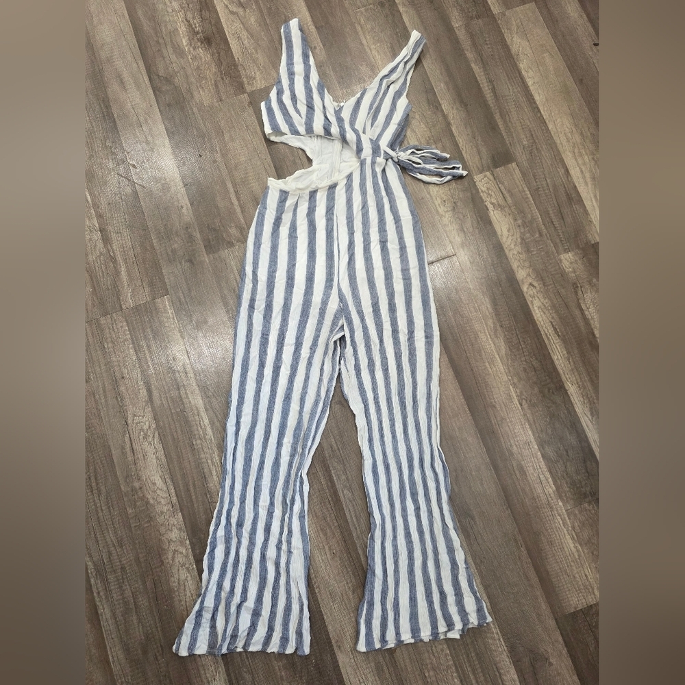 Charme U Wide Leg Cut Out Wrap Jumpsuit Onesie Stripes Classy Resort Beach Boho